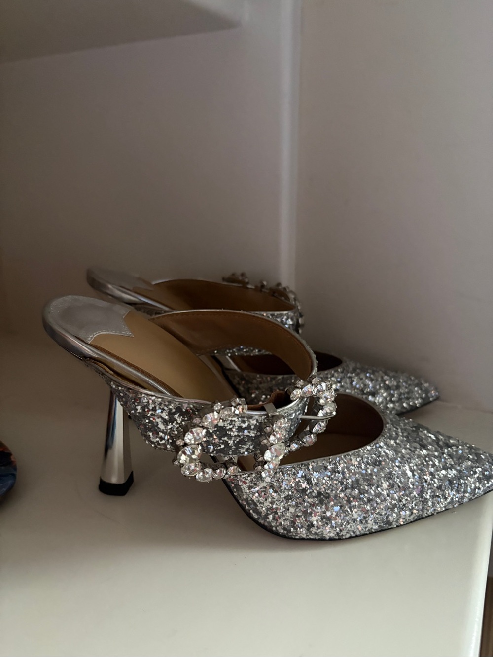 Sparkling Silver Glitter Pointed Mules with Crystal Buckle